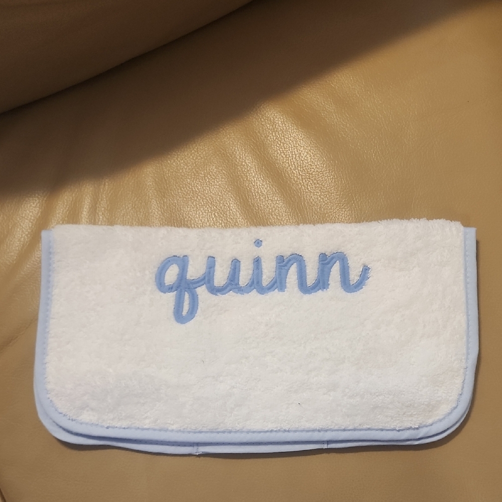 Monogrammed White Baby Wash Cloth with Light Blue Trim - Quinn
